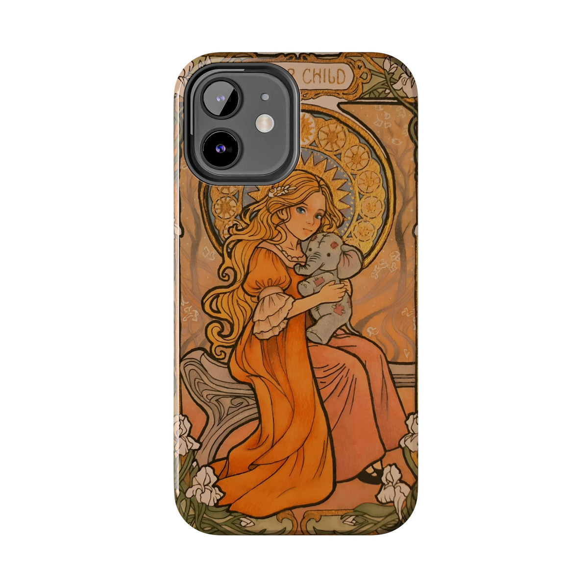 Inner Child tough phone case: girl in an orange dress holding a small gray elephant under a golden halo