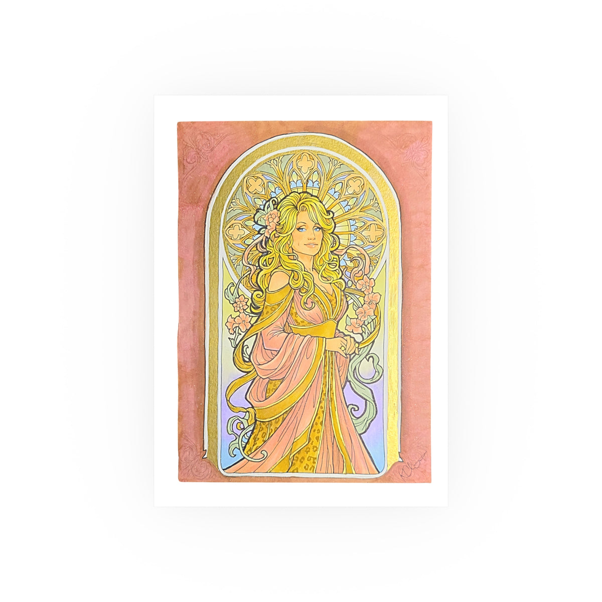 Art Nouveau goddess poster: flower-crowned woman in a pink gown in a peach and gold stained-glass arch