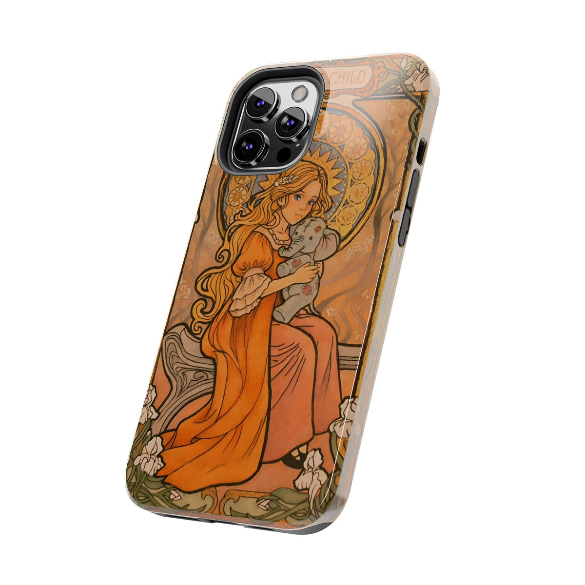 Inner Child tough phone case: girl in an orange dress holding a small gray elephant under a golden halo