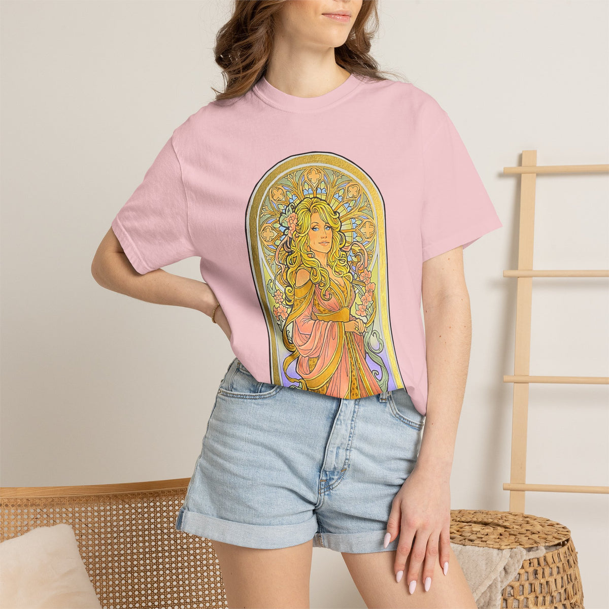 Art Nouveau goddess T-shirt: flower-crowned woman in a pink gown in a stained-glass arch