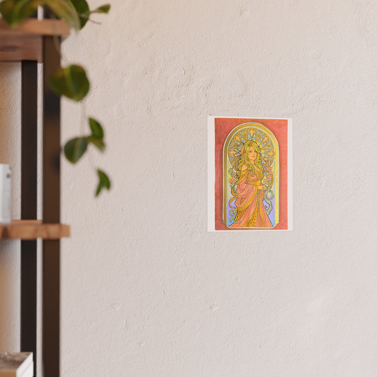 Art Nouveau goddess poster: flower-crowned woman in a pink gown in a peach and gold stained-glass arch