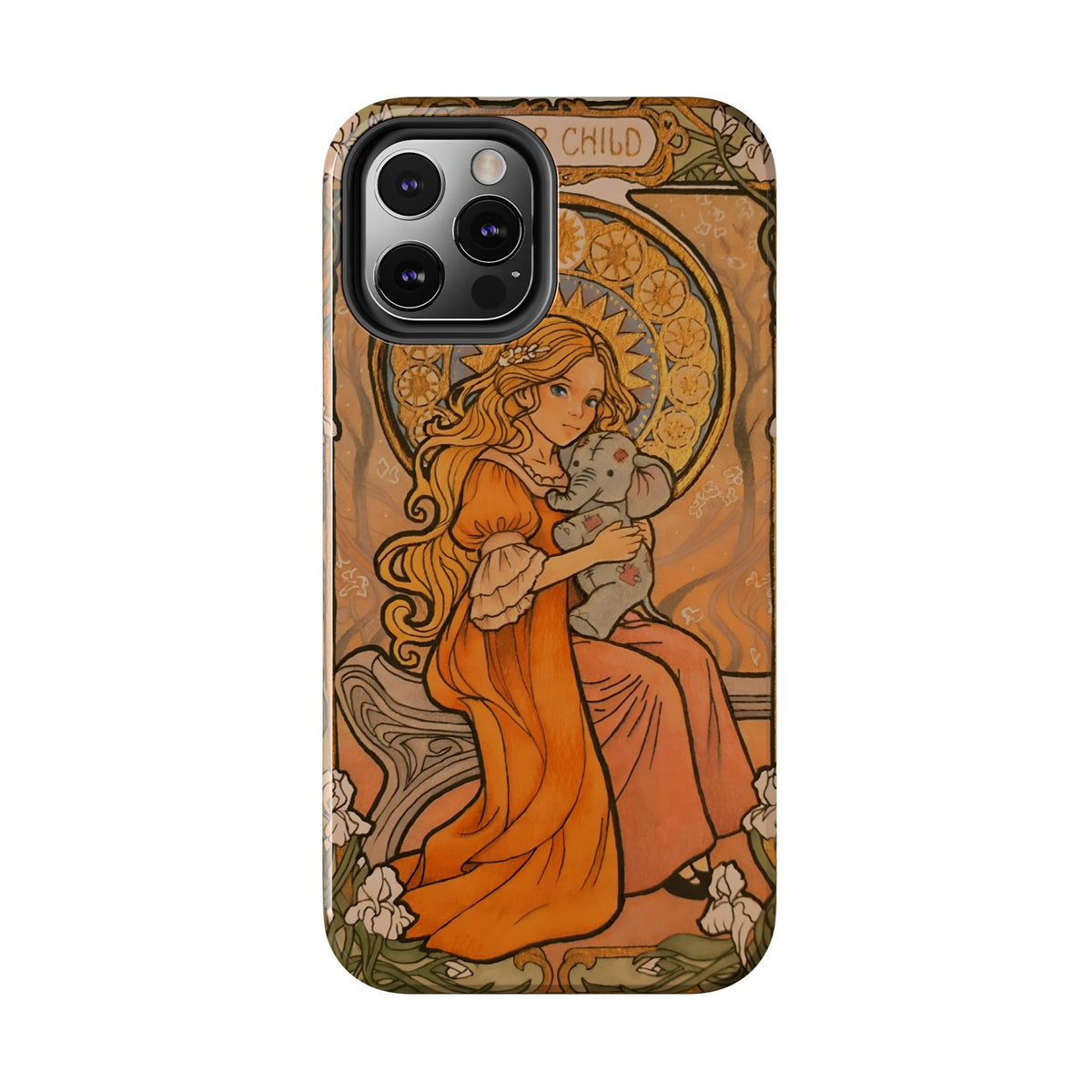 Inner Child tough phone case: girl in an orange dress holding a small gray elephant under a golden halo