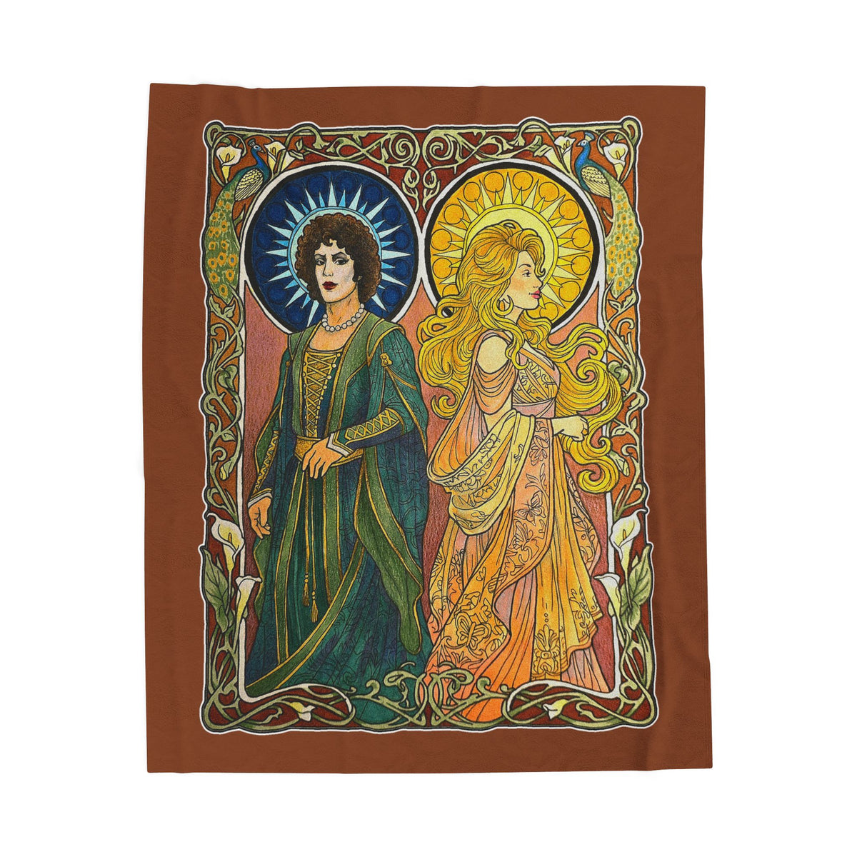 Sun and Moon Saints velveteen throw blanket with two haloed saints in green and gold robes