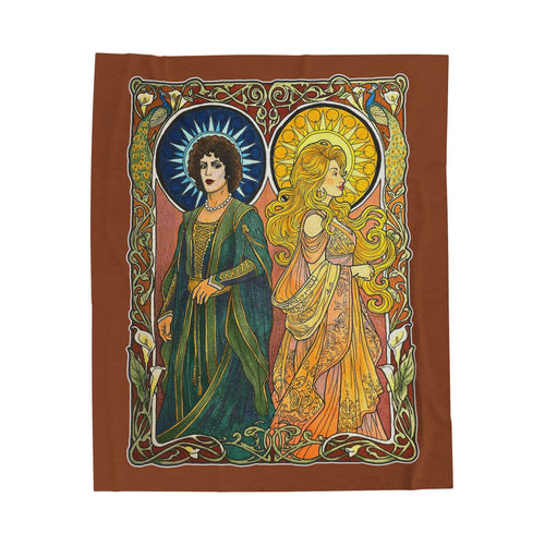 Sun and Moon Saints velveteen throw blanket with two haloed saints in green and gold robes