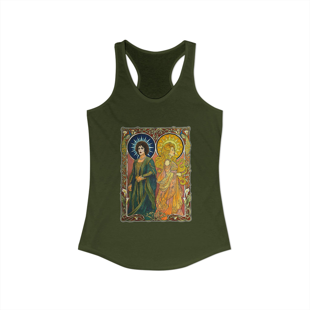 Sun and Moon Saints racerback tank with two haloed saints in green and gold robes