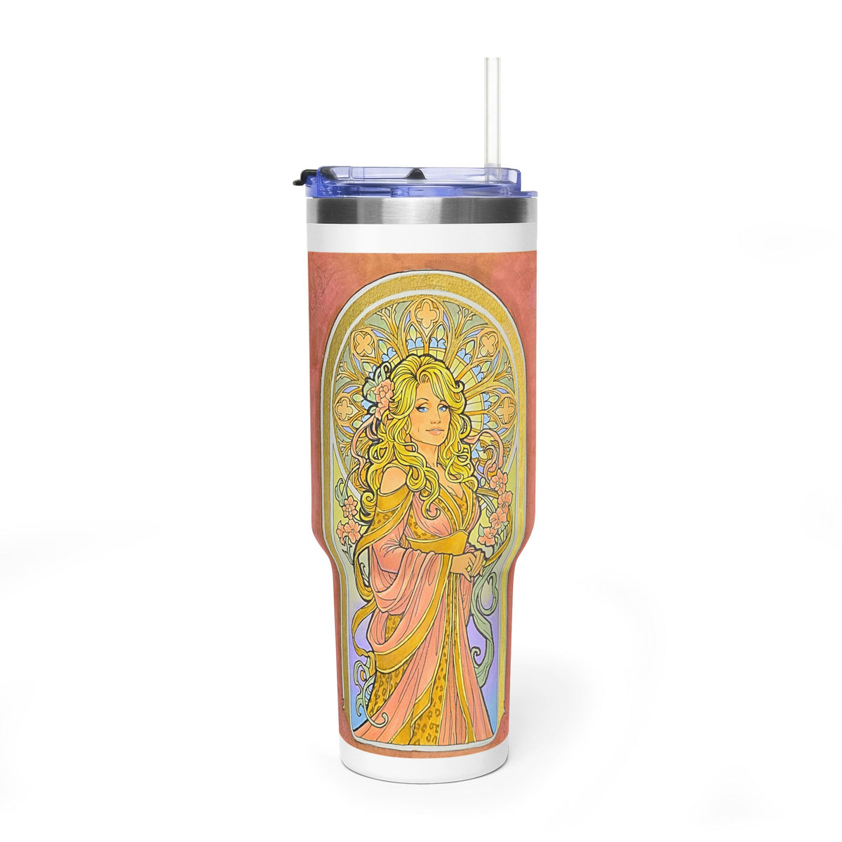 Art Nouveau goddess 40oz tumbler: flower-crowned woman in a pink gown in a stained-glass arch