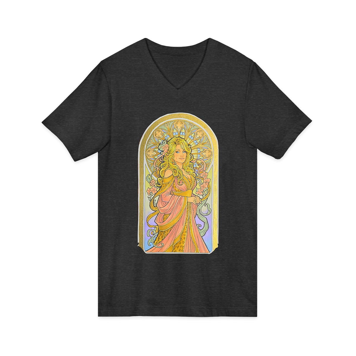 Art Nouveau goddess V-neck tee: flower-crowned woman in a pink gown in a stained-glass arch