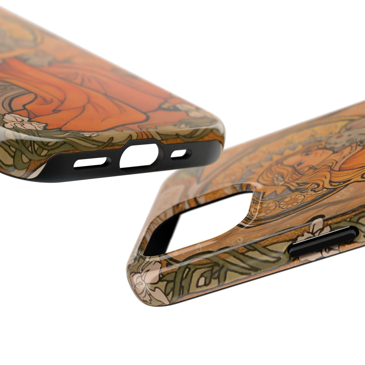 Inner Child tough phone case: girl in an orange dress holding a small gray elephant under a golden halo
