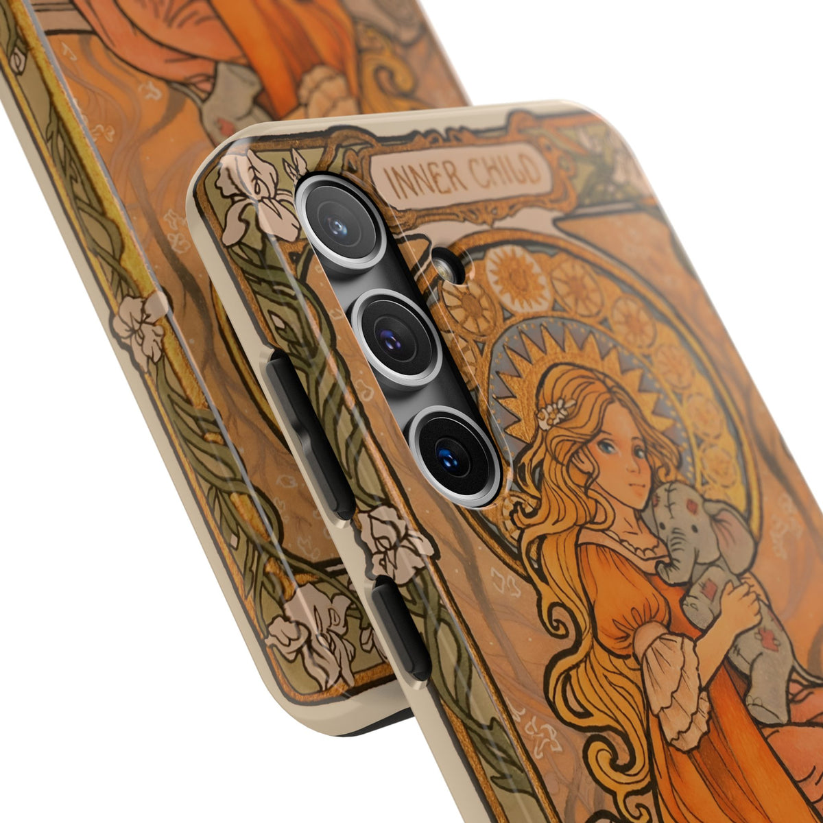 Inner Child tough phone case: girl in an orange dress holding a small gray elephant under a golden halo