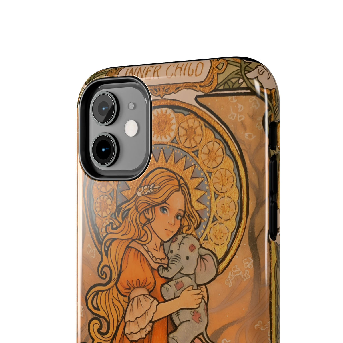 Inner Child tough phone case: girl in an orange dress holding a small gray elephant under a golden halo