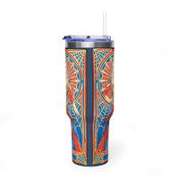 40oz tumbler with King of Swords tarot art: silver-haired figure in a red and blue gown, spiderweb halo