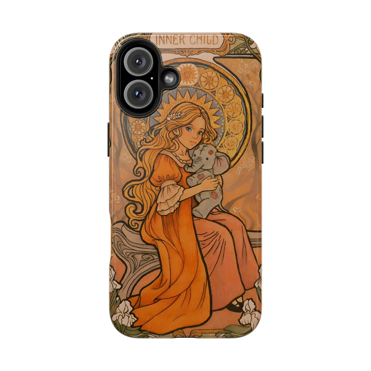 Inner Child tough phone case: girl in an orange dress holding a small gray elephant under a golden halo