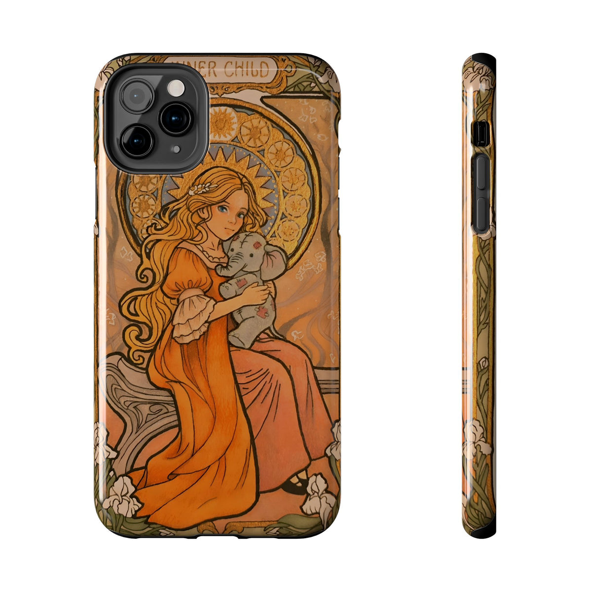 Inner Child tough phone case: girl in an orange dress holding a small gray elephant under a golden halo