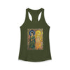 Sun and Moon Saints racerback tank with two haloed saints in green and gold robes
