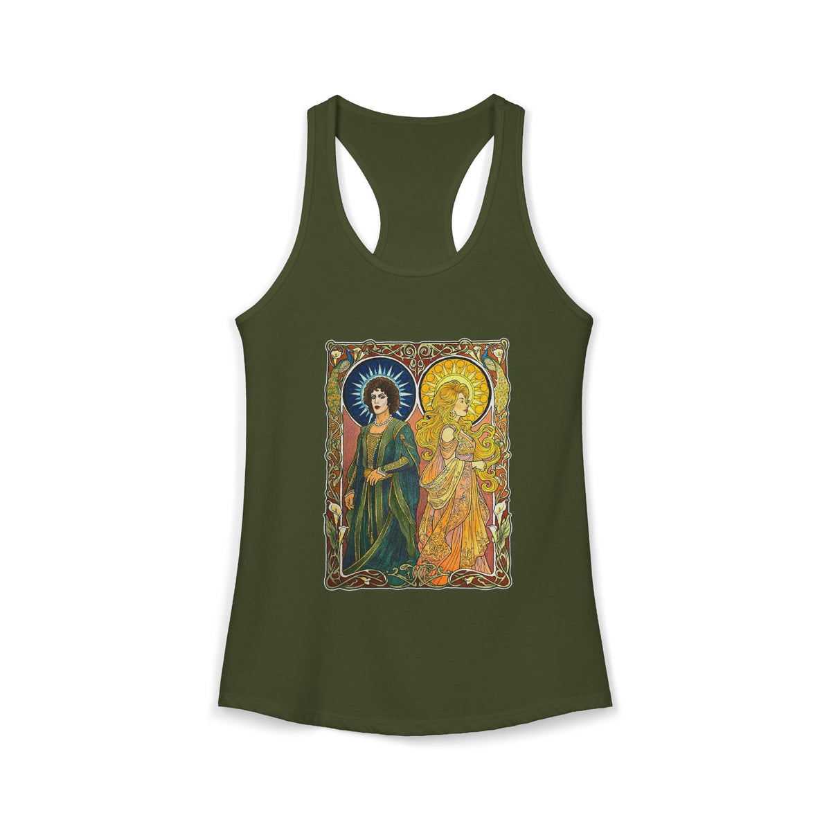 Sun and Moon Saints racerback tank with two haloed saints in green and gold robes