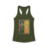 Sun and Moon Saints racerback tank with two haloed saints in green and gold robes