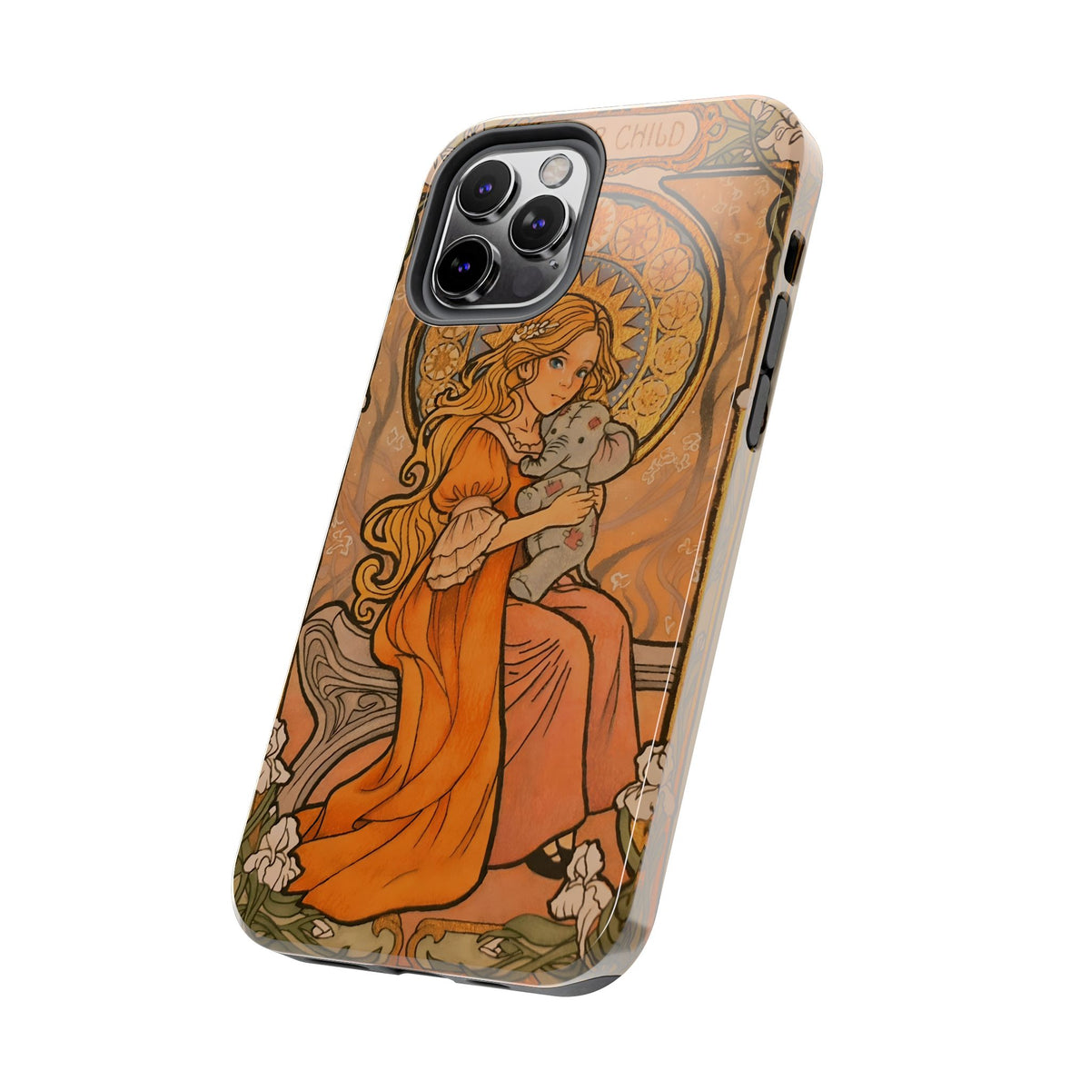 Inner Child tough phone case: girl in an orange dress holding a small gray elephant under a golden halo