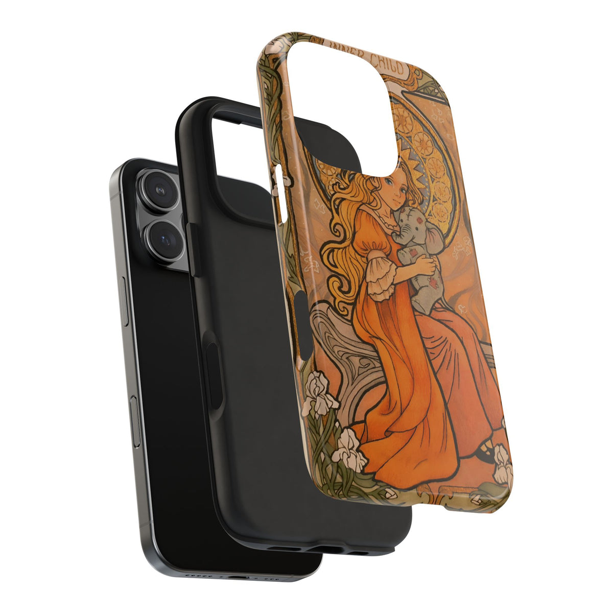Inner Child tough phone case: girl in an orange dress holding a small gray elephant under a golden halo