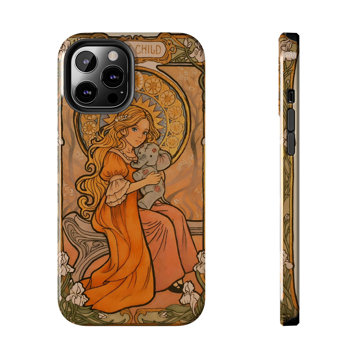 Inner Child tough phone case: girl in an orange dress holding a small gray elephant under a golden halo