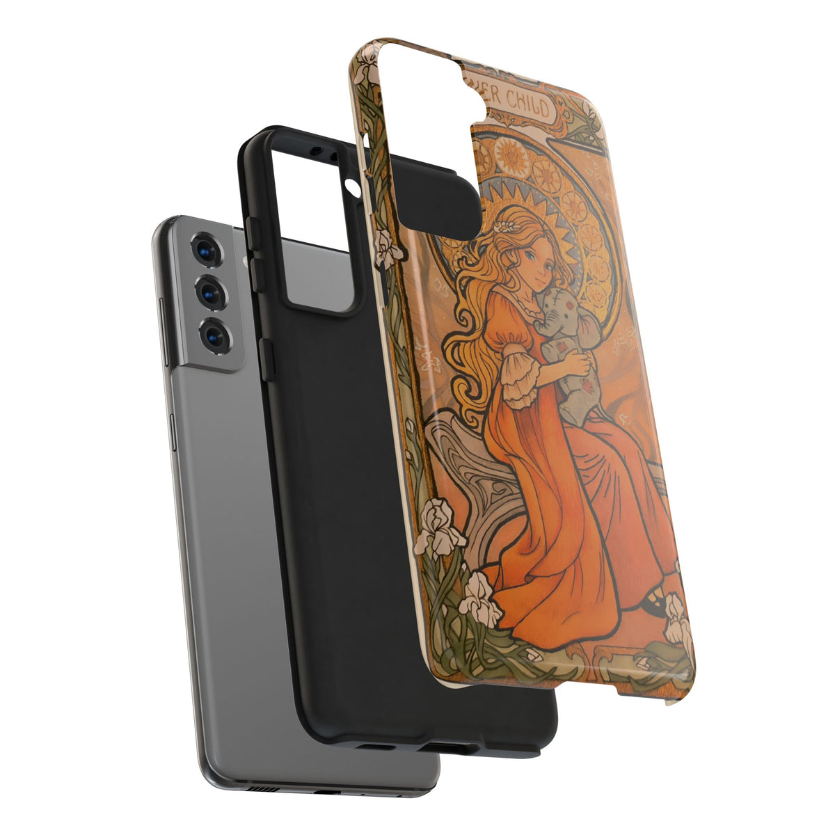 Inner Child tough phone case: girl in an orange dress holding a small gray elephant under a golden halo