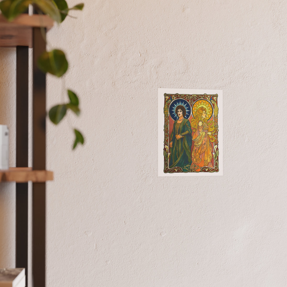 Sun and Moon Saints poster print: two haloed saints in green and gold robes framed by peacocks and lilies