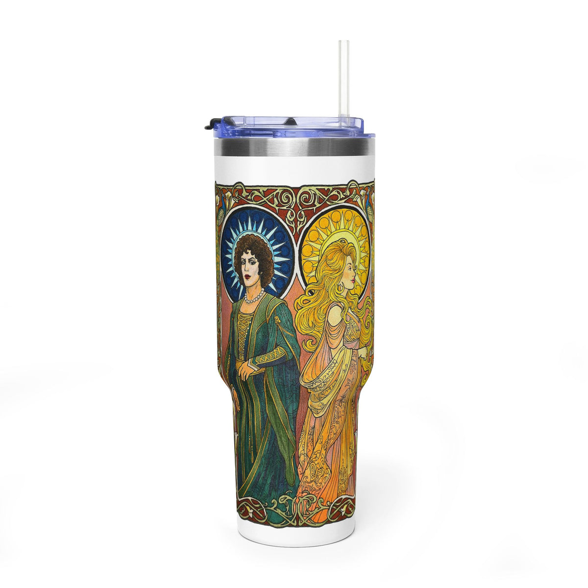 Sun and Moon Saints 40oz tumbler wrapped in two haloed saints in green and gold robes