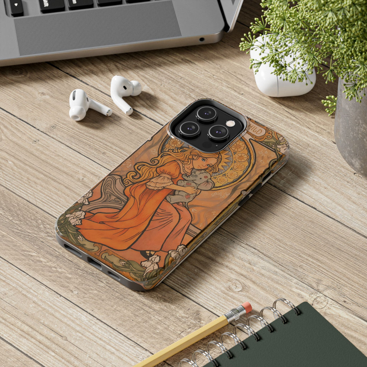 Inner Child tough phone case: girl in an orange dress holding a small gray elephant under a golden halo