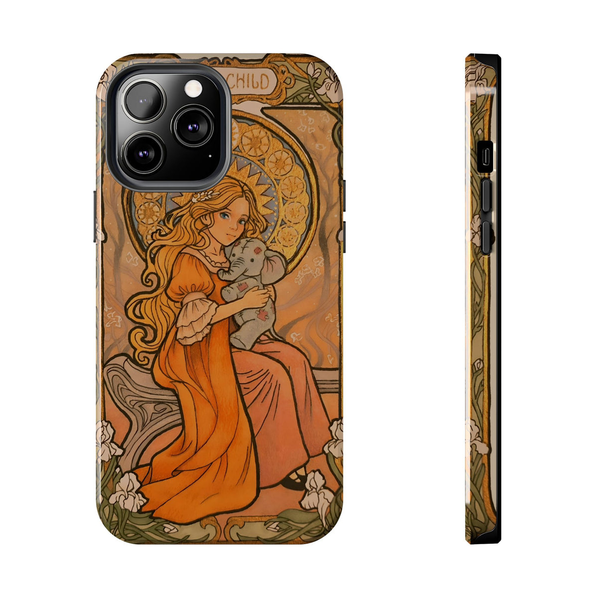 Inner Child tough phone case: girl in an orange dress holding a small gray elephant under a golden halo