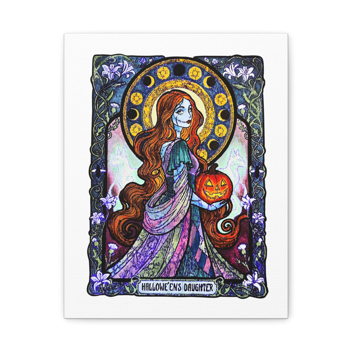 Hallowe'en's Daughter canvas: red-haired stitched ragdoll in a patchwork gown holding a jack-o'-lantern