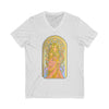 Art Nouveau goddess V-neck tee: flower-crowned woman in a pink gown in a stained-glass arch