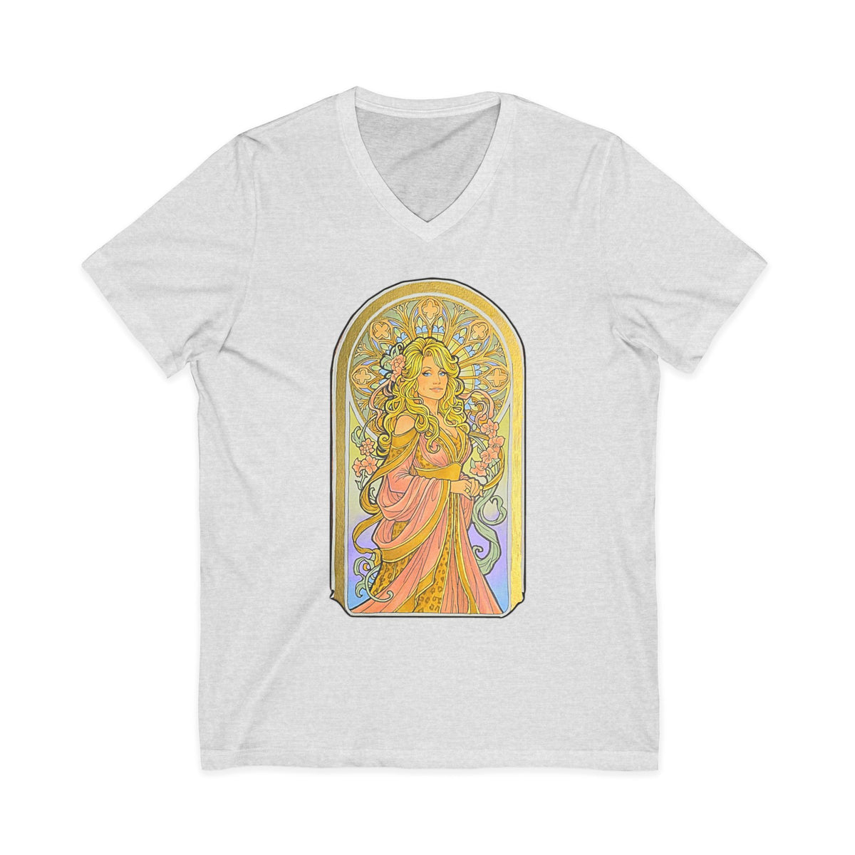 Art Nouveau goddess V-neck tee: flower-crowned woman in a pink gown in a stained-glass arch