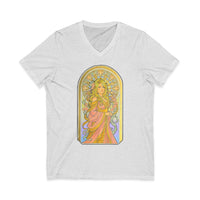 Art Nouveau goddess V-neck tee: flower-crowned woman in a pink gown in a stained-glass arch