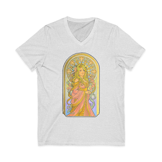 Art Nouveau goddess V-neck tee: flower-crowned woman in a pink gown in a stained-glass arch