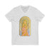 Art Nouveau goddess V-neck tee: flower-crowned woman in a pink gown in a stained-glass arch