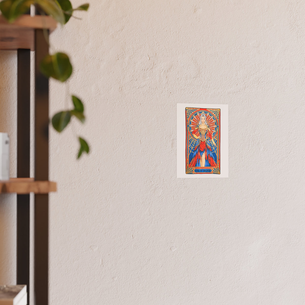 King of Swords tarot poster: silver-haired figure in a red and blue gown with a spiderweb halo