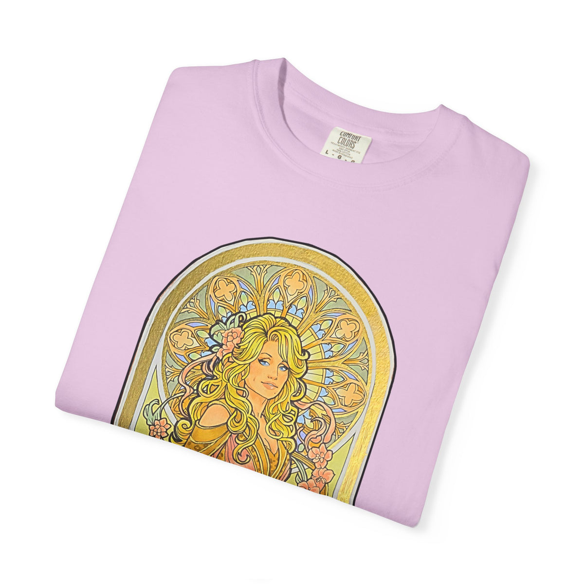 Art Nouveau goddess T-shirt: flower-crowned woman in a pink gown in a stained-glass arch