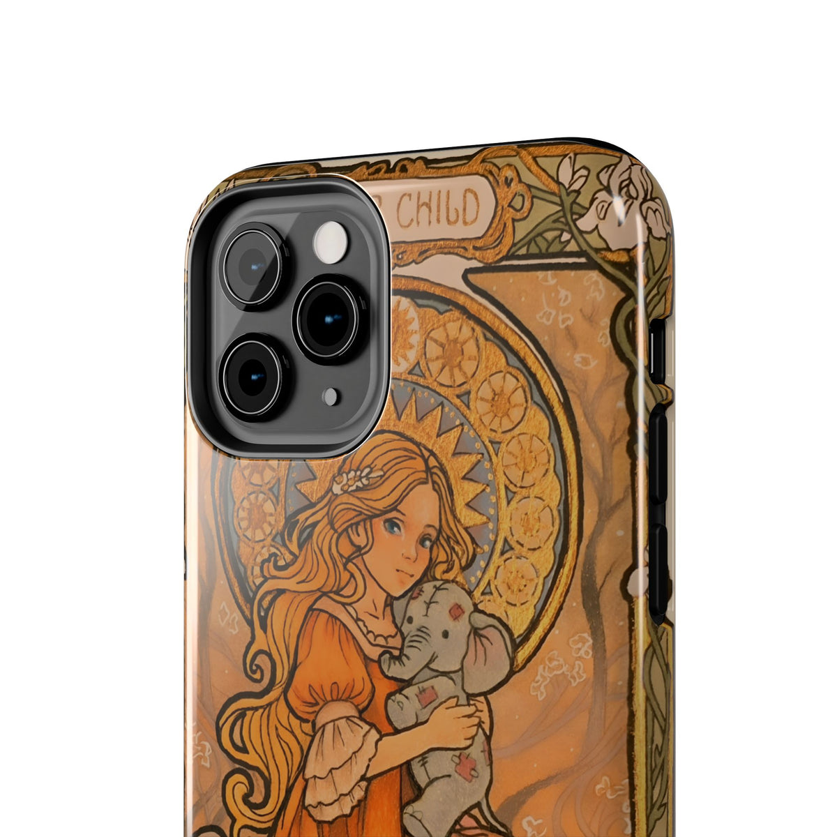Inner Child tough phone case: girl in an orange dress holding a small gray elephant under a golden halo