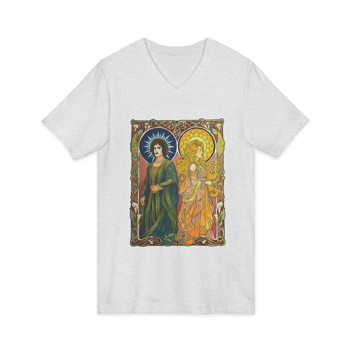Sun and Moon Saints V-neck tee with two haloed saints in green and gold robes printed on the chest