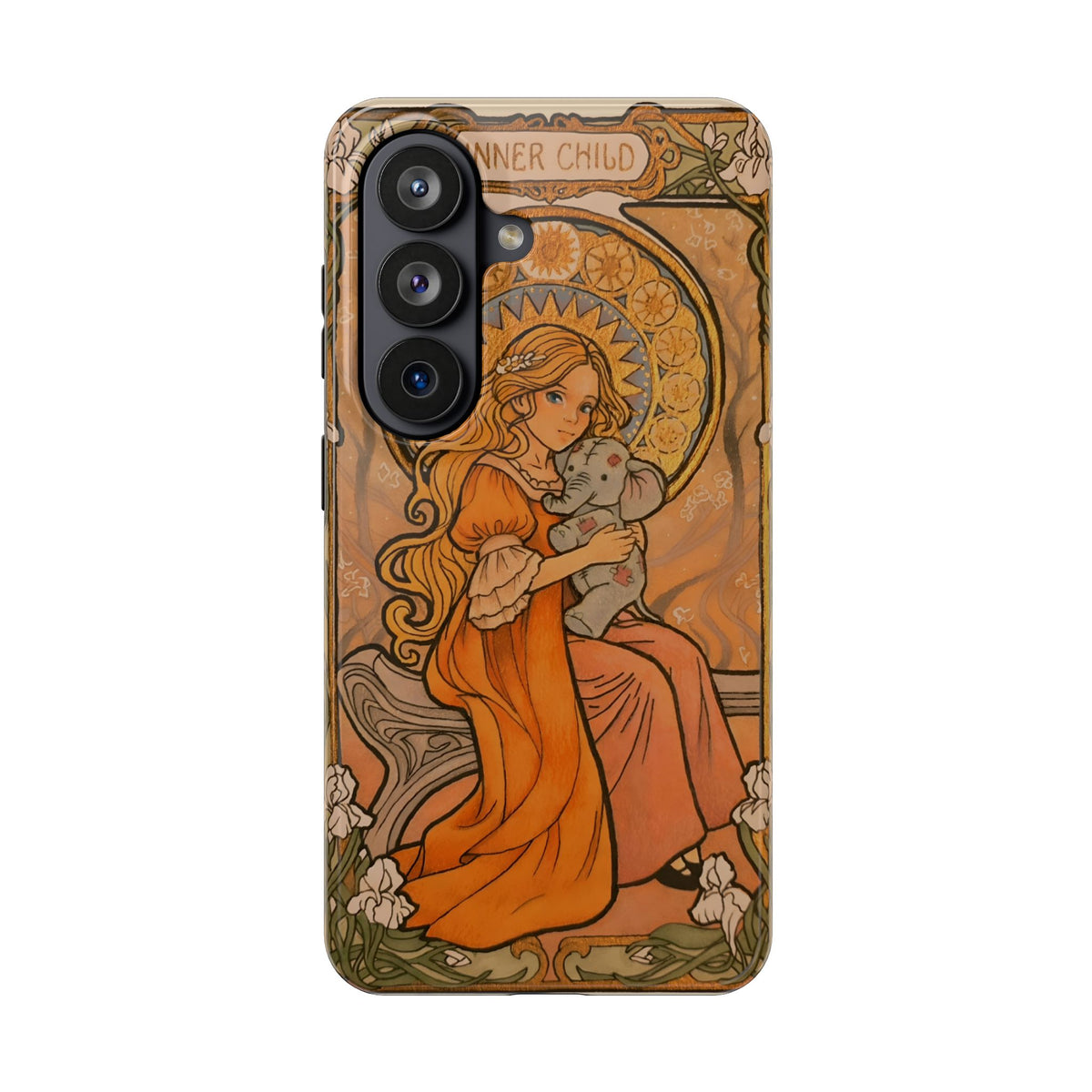 Inner Child tough phone case: girl in an orange dress holding a small gray elephant under a golden halo