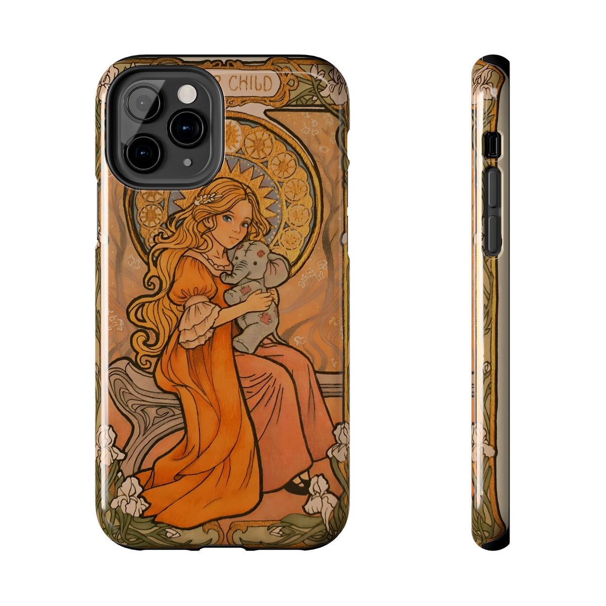 Inner Child tough phone case: girl in an orange dress holding a small gray elephant under a golden halo