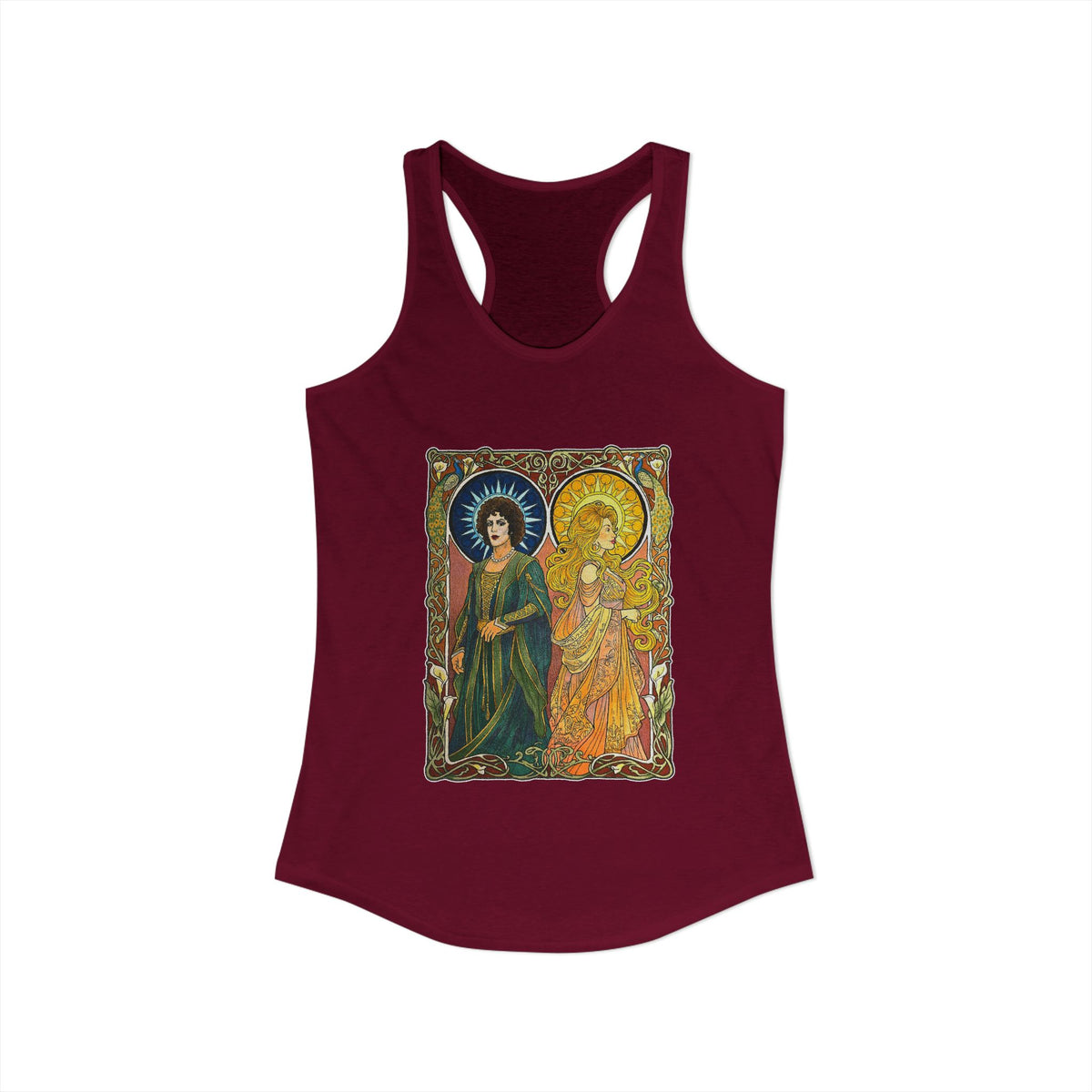 Sun and Moon Saints racerback tank with two haloed saints in green and gold robes