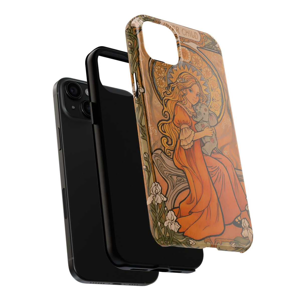 Inner Child tough phone case: girl in an orange dress holding a small gray elephant under a golden halo