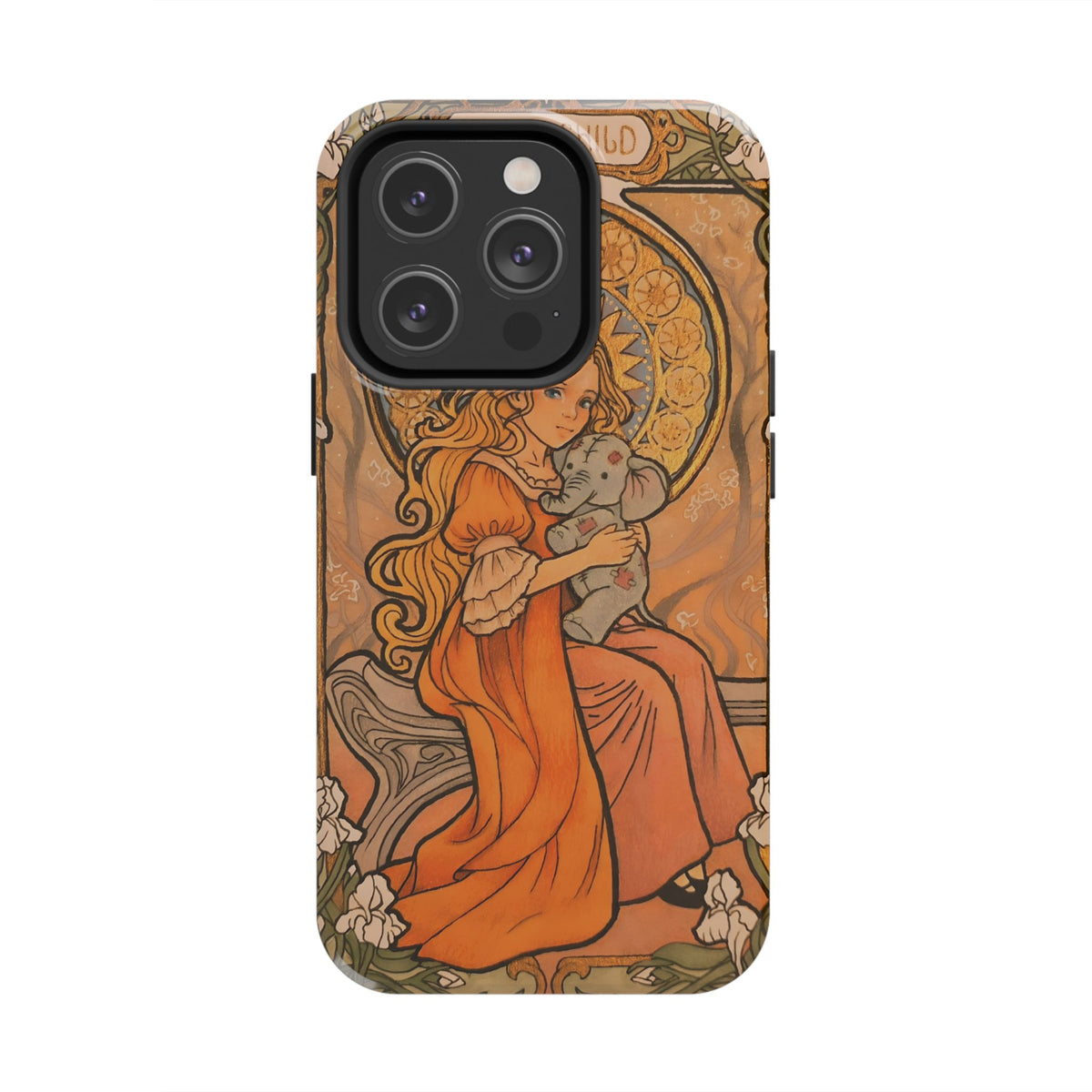 Inner Child tough phone case: girl in an orange dress holding a small gray elephant under a golden halo