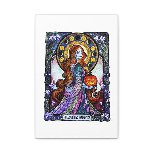 Hallowe'en's Daughter canvas: red-haired stitched ragdoll in a patchwork gown holding a jack-o'-lantern