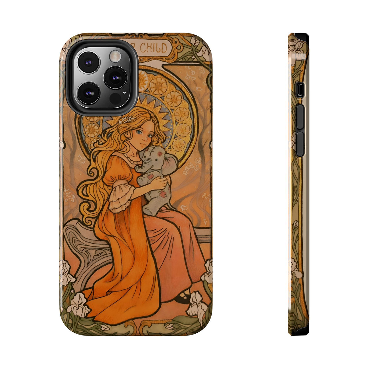 Inner Child tough phone case: girl in an orange dress holding a small gray elephant under a golden halo