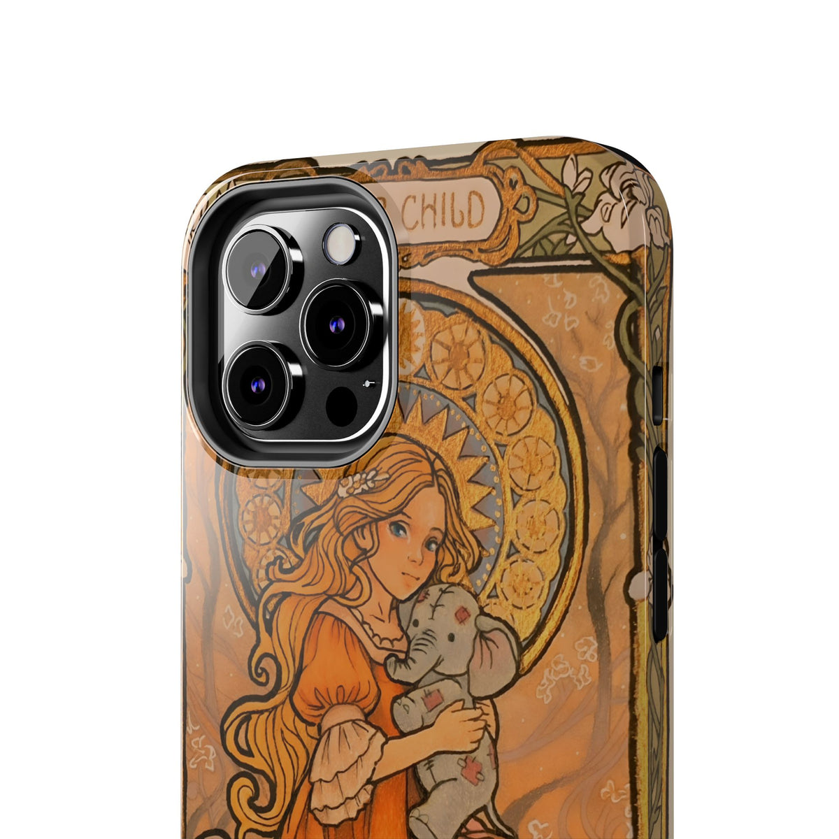 Inner Child tough phone case: girl in an orange dress holding a small gray elephant under a golden halo