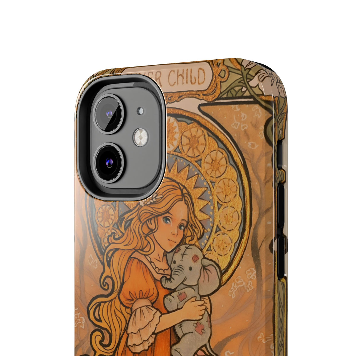 Inner Child tough phone case: girl in an orange dress holding a small gray elephant under a golden halo