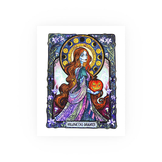 Hallowe'en's Daughter poster: red-haired stitched ragdoll in a patchwork gown holding a jack-o'-lantern