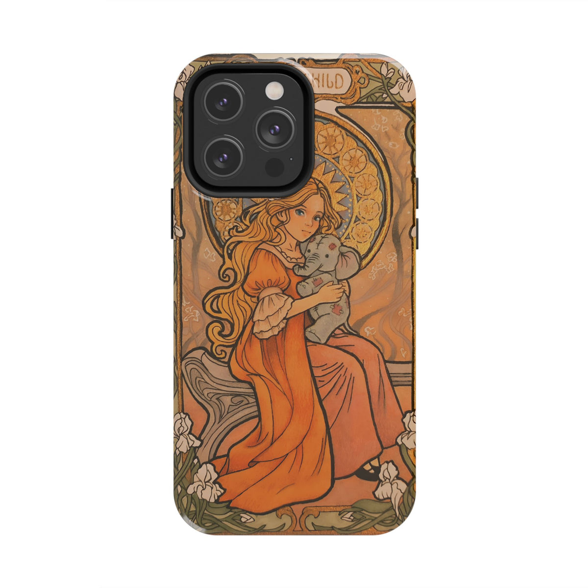 Inner Child tough phone case: girl in an orange dress holding a small gray elephant under a golden halo