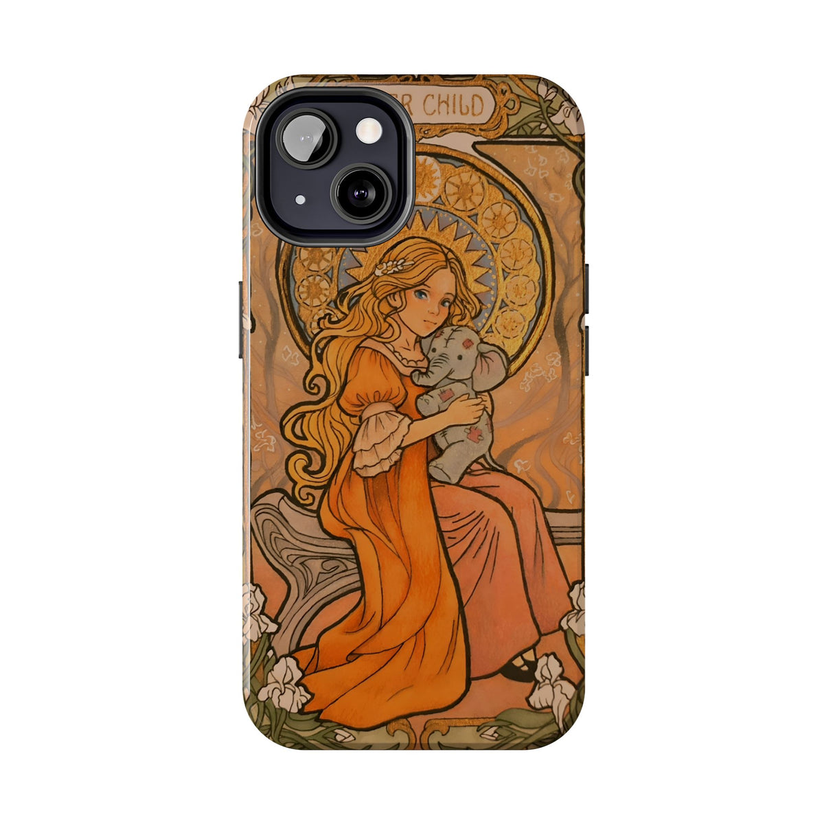 Inner Child tough phone case: girl in an orange dress holding a small gray elephant under a golden halo
